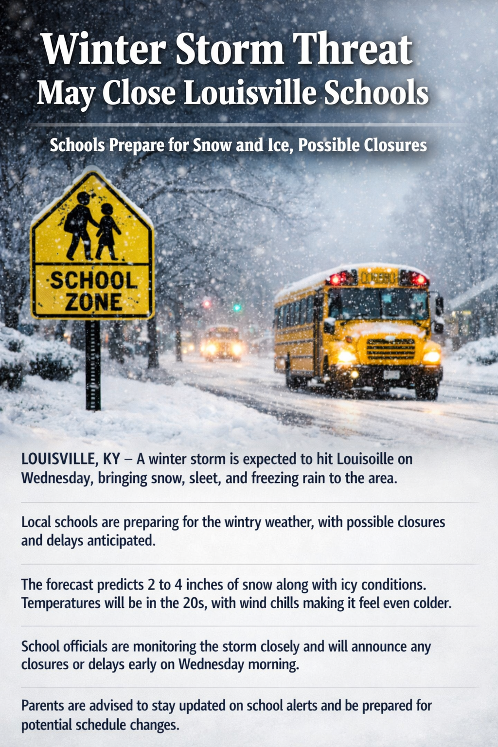 Snowy morning in Louisville as winter weather raises chances of school delays and closures